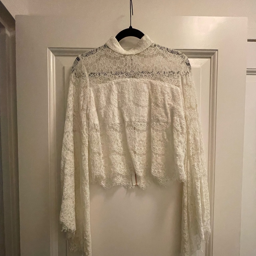 White Euc Lace Bell Sleeve Blouse